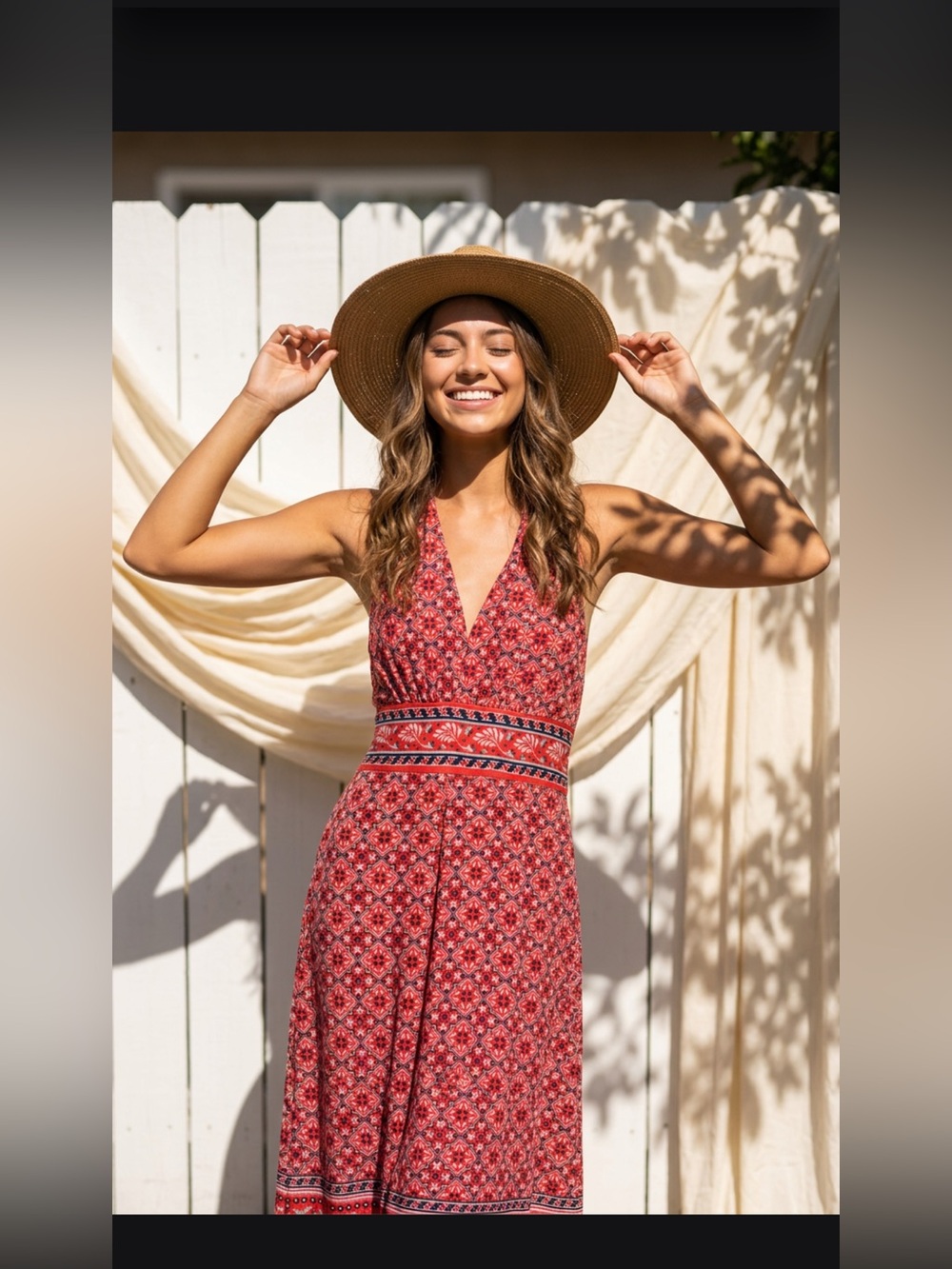 Max Studio Red Floral Halter Midi Dress with Patterned Waistband